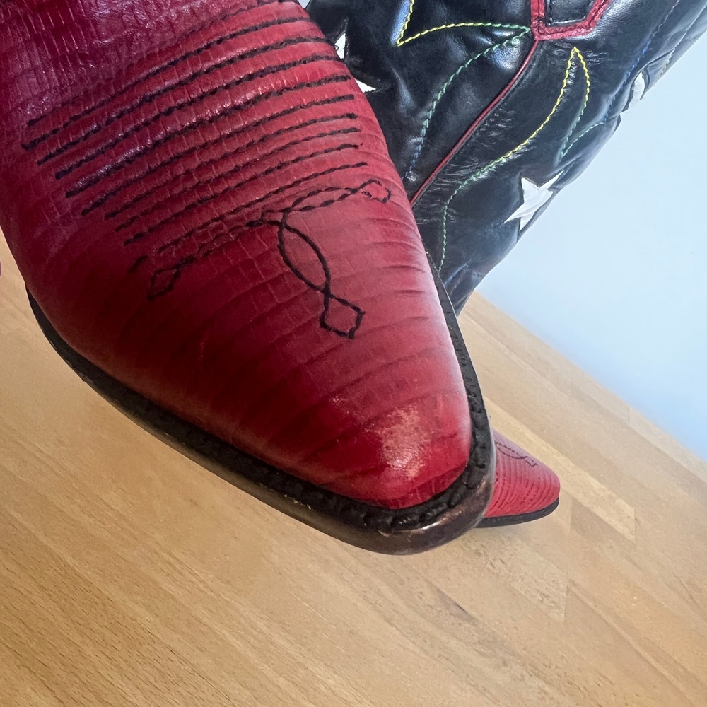 Nine West Red and Black Western Cowboy Boots with White Star Appliqués - Picture 12 of 14